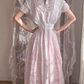 Light Pink Gradient Vintage Edwardian Long Gown, Lace Cap Sleeve A-Line Dress gh9309