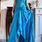 Bright‑Lake‑Blue‑Vintage‑Gown Rhinestone‑Criss‑Cross‑Halter Keyhole‑Bust‑Cutout Twisted‑Gathered‑Waist High‑Low‑Ruffled‑Hem Shiny‑Satin‑Fabric Flowy‑Evening‑Prom‑Dress gh8838