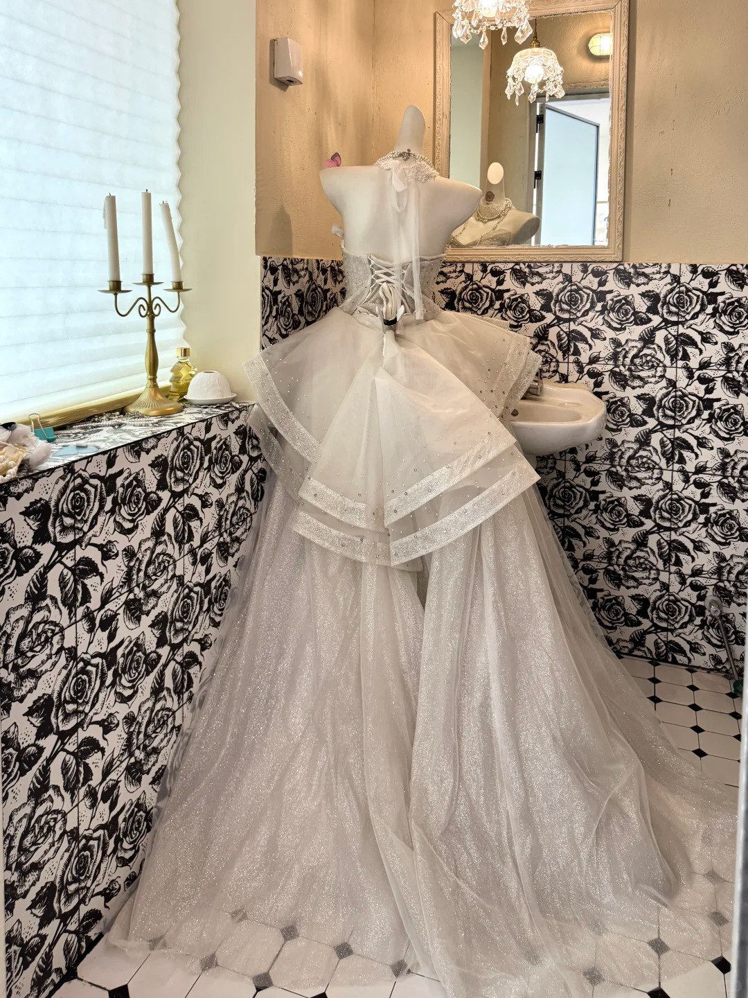 Ivory Strapless Waist-Cinched Rhinestone Puffy Long Skirt Romantic Dress, Wedding Gown gh7531