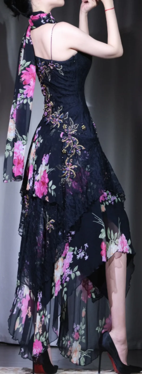 ✨Girlhomeshops-Spaghetti Strap Black Floral Beaded Irregular Hem Party Dress With Shawl gh10005