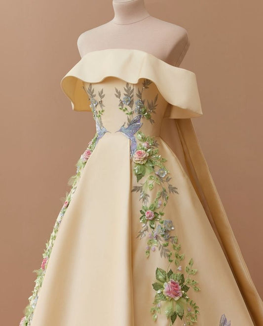 Robe de soirée longue en satin à fleurs exquises et magnifique, sur mesure, jaune, gh3148