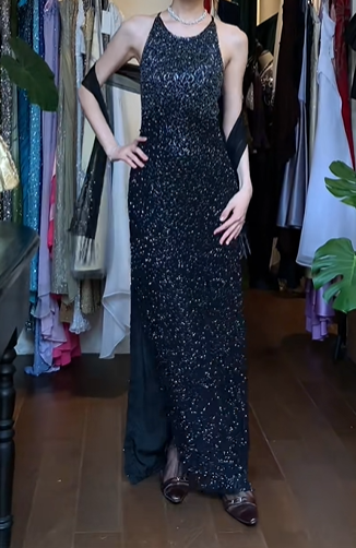 Black Vintage Prom Dress Halter Full Sequin Beaded Bodycon Side Slit With Fringe Shawl Long Evening Gown gh9610