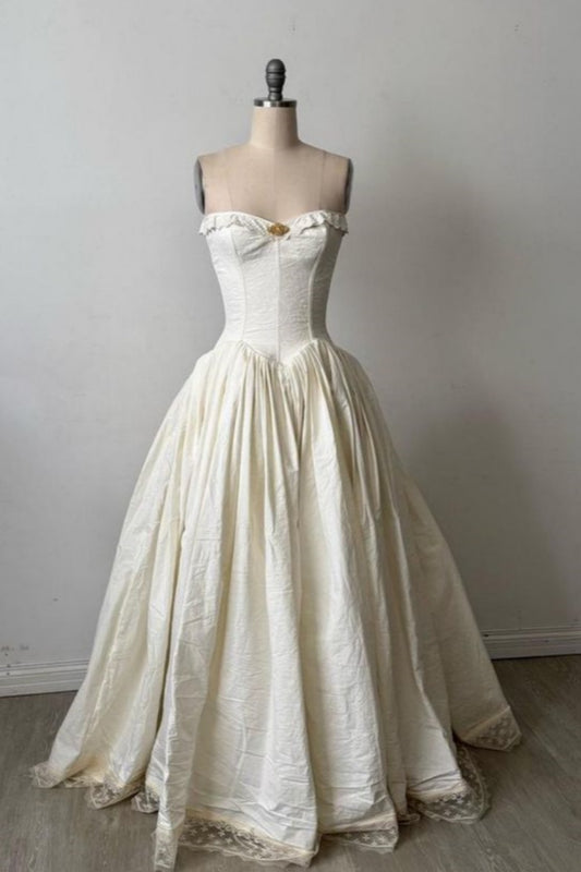 girlhomeshops-❤️Ivory white vintage elegant long satin prom dress wedding dress gh5812