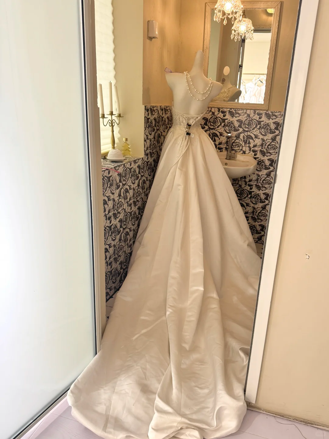 Ivory Strapless Lace Waist-Cinched Satin Full Flared Skirt Long Romantic Dress, Wedding Gown gh7740