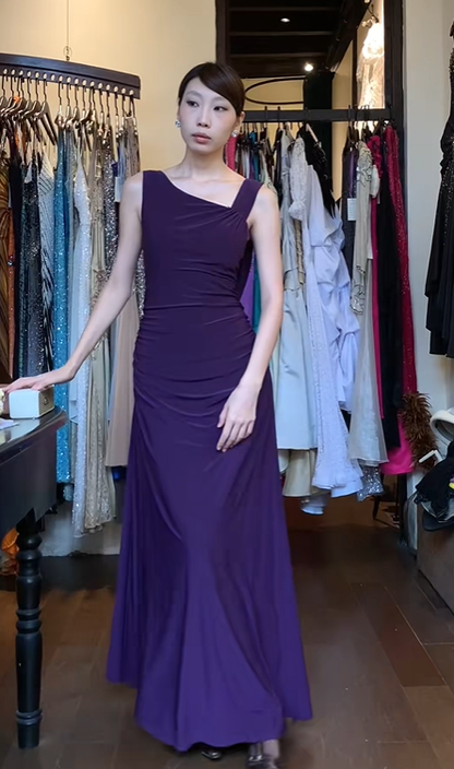 Dark Purple Asymmetric One Shoulder Evening Gown Sleeveless Ruched Flowy Long Prom Dress gh9715