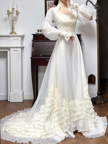 Ivory Vintage Frilled Collar Lantern Sleeve Multi‑Layer Lace‑Ruffle Long Train Wedding Dress gh8764