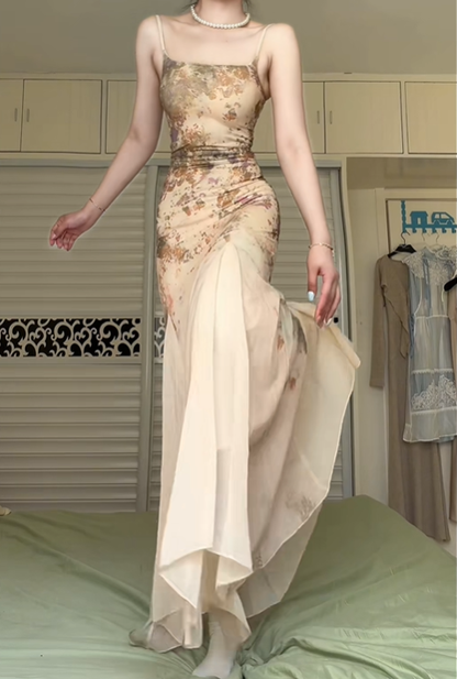Vintage Oil‑Painting Floral Spaghetti Strap Long Evening Gown, Ruched Waist Irregular Flowy Skirt Formal Prom Dress gh9004