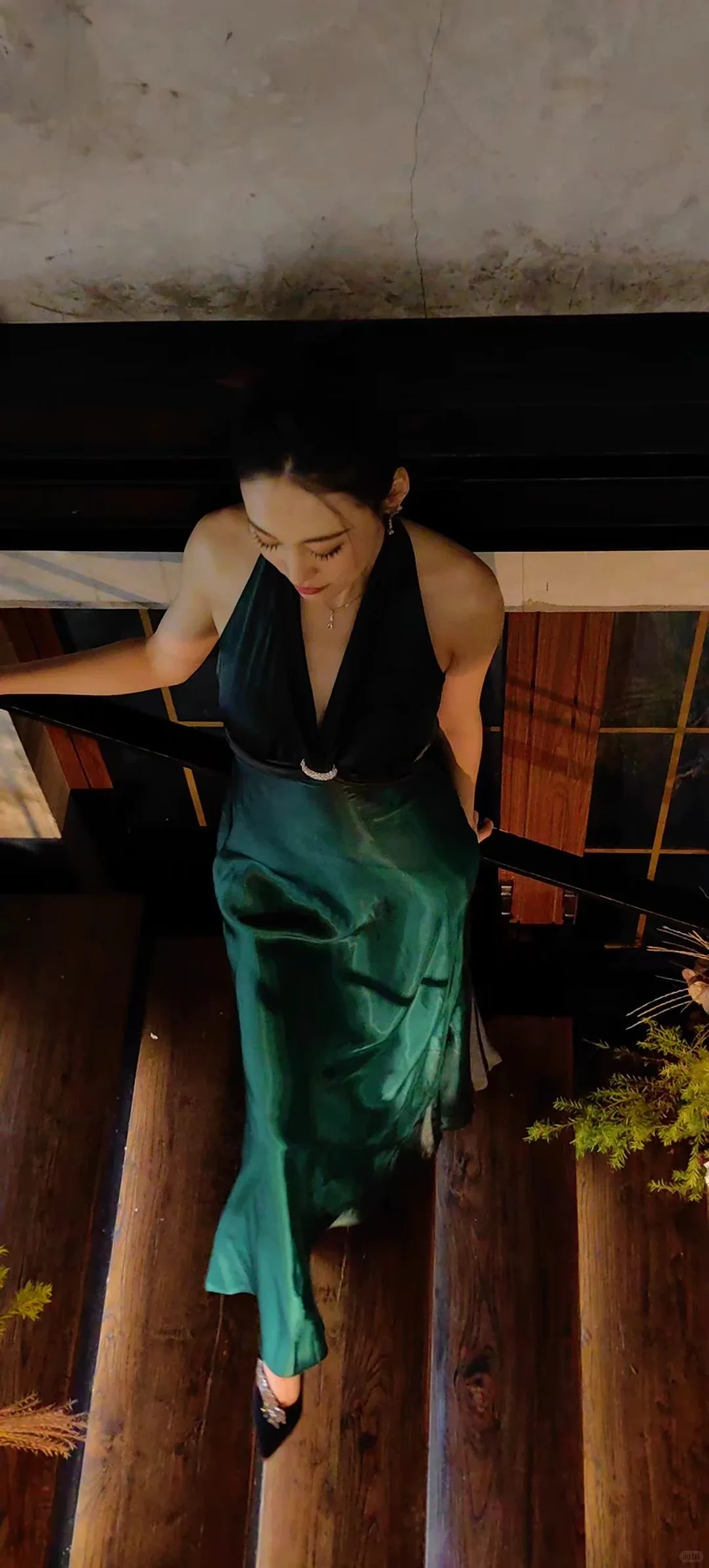 Dark Green Satin Halter Long Evening Gown Open Back Metal Ring Prom Dress gh9852