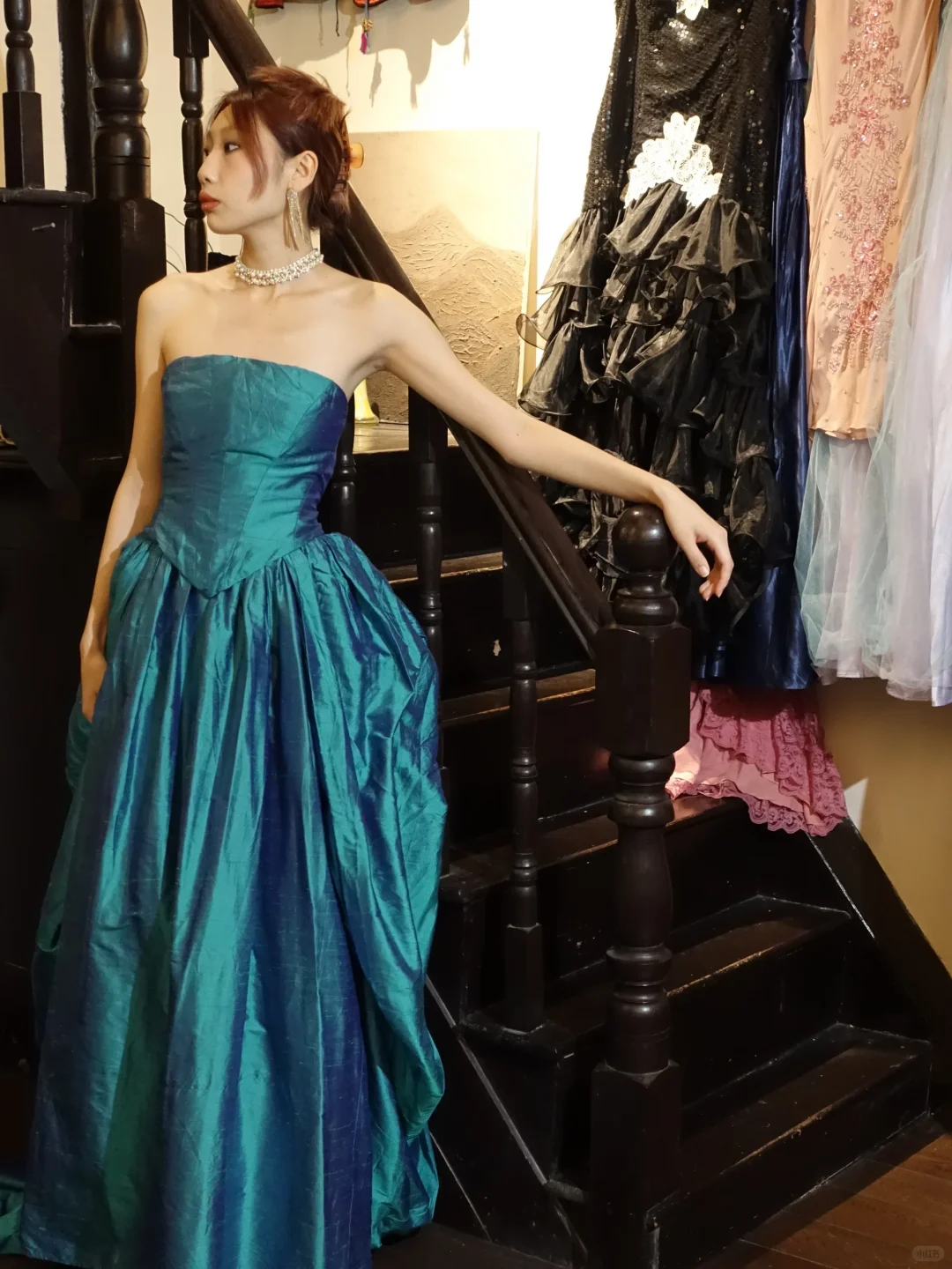 Peacock Blue Strapless Corset Ball Gown Shimmer Full Skirt Long Prom Dress gh9864