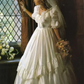 Ivory Satin Vintage Wedding Gown, V‑Neck Lace Ruffled Off‑the‑Shoulder, Puff Short Sleeves, Large Satin Bow, Tiered Eyelet Lace Ruffle Skirt, Bridal Prom Dress gh8913