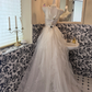 Light Gray Apricot Strapless Waist-Cinched Tiered Cake Skirt Long Vintage Romantic Dress, Wedding Gown gh7502