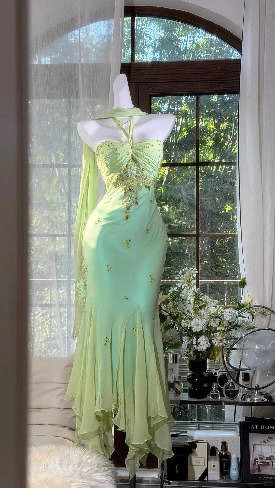 Light Mint Green Halter Beaded Irregular Mermaid Evening Dress with Matching Shawl, Prom Gown gh9509