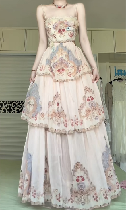 Light Pink Vintage Oil‑Painting Print Spaghetti Strap Long Gown, Lace Trim Tiered Cake Skirt Floral Formal Prom Dress gh8987