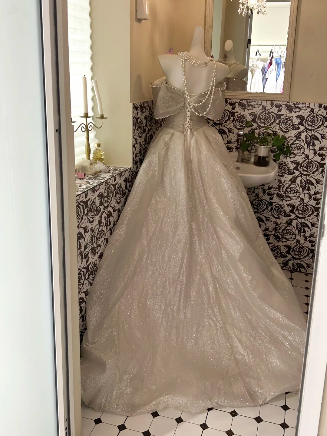 Silver Gray Bow Off-the-Shoulder Waist-Cinched Voluminous Skirt Long Luxury Romantic Dress, Wedding Gown gh7648