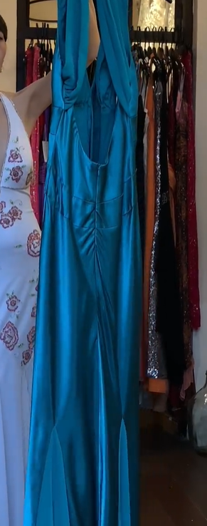Turquoise Halter Deep V Satin Open Back Flowy A-Line Long Evening Prom Dress gh9797