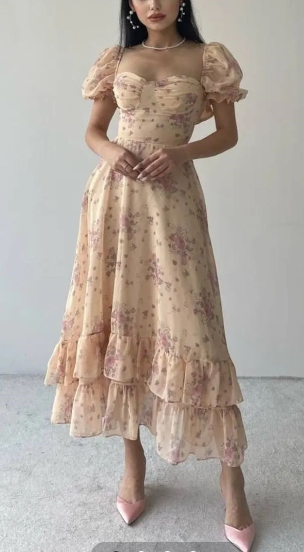 Girlhomeshops-Blumenrüschen Kurzarm Langes Chiffon-Gartenpartykleid Hochzeitsgastkleid gh5203