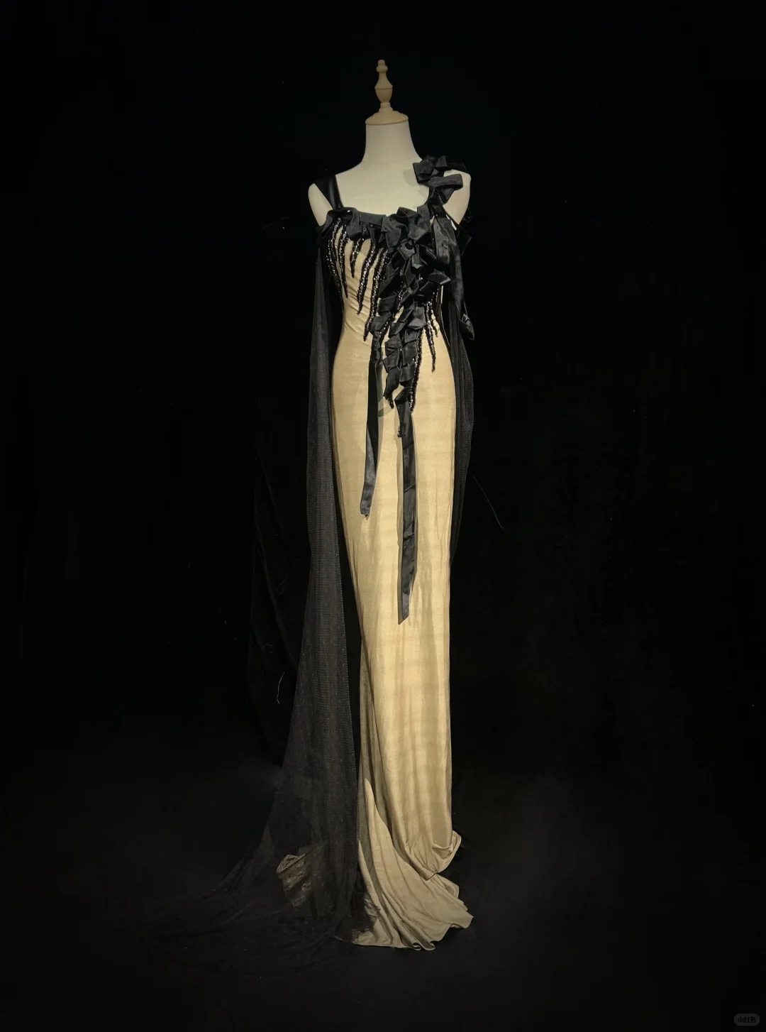Square Neck Nude Mermaid Prom Dress Black Satin Bows Beaded Fringe Formal Gown with Mesh Train Cape gh9549