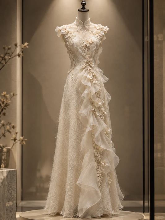 ✨Girlhomeshops-Ivory High Collar Qipao Bridal Dress Sleeveless Cap Sleeve with 3D Flowers & Ruffles gh10319