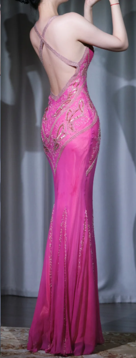 ✨Girlhomeshops-Fuchsia Halter Hand Beaded Rhinestone Mermaid Evening Gown Backless Long Dress gh10087