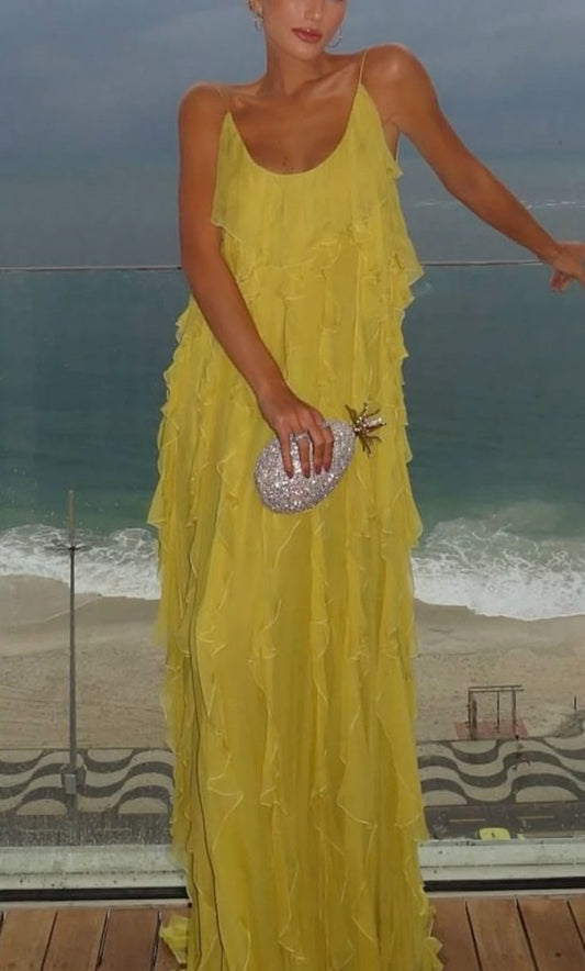 Robe de soirée longue en mousseline de soie jaune, simple et confortable, robe de bal, robe d'invité de mariage, gh4728