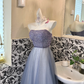 Dusty Blue Strapless Waist-Cinched Full Flared Skirt Romantic Dress, Wedding Gown gh7649