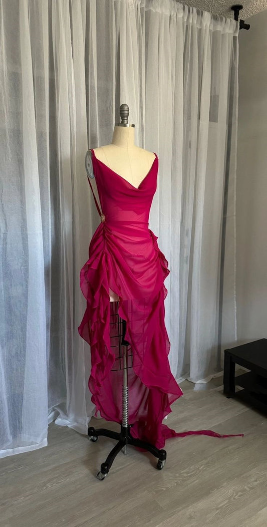 Rosa Mode V-Ausschnitt lange Chiffon Rüschen Ballkleid, Abendkleid, Partykleid gh3500