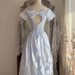 Light Blue Off Shoulder 3D Lace Floral Jacquard Vintage A-Line Midi Dress gh9315