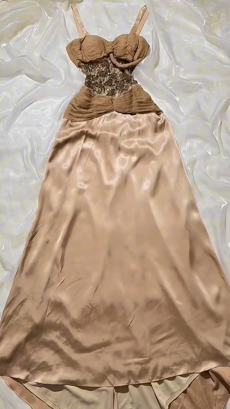 Vintage Brown Spaghetti Strap Beaded Fitted Waist Long Prom & Evening Party Dress gh8539