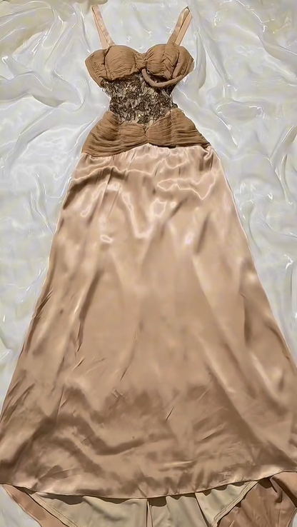 Vintage Brown Spaghetti Strap Beaded Fitted Waist Long Prom & Evening Party Dress gh8539