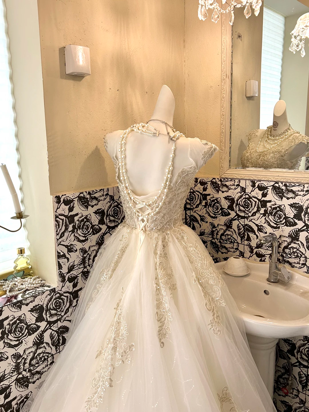 Ivory Embroidered Lace Classic Elegant Waist-Cinched Voluminous Skirt Romantic Dress, Wedding Gown gh7614