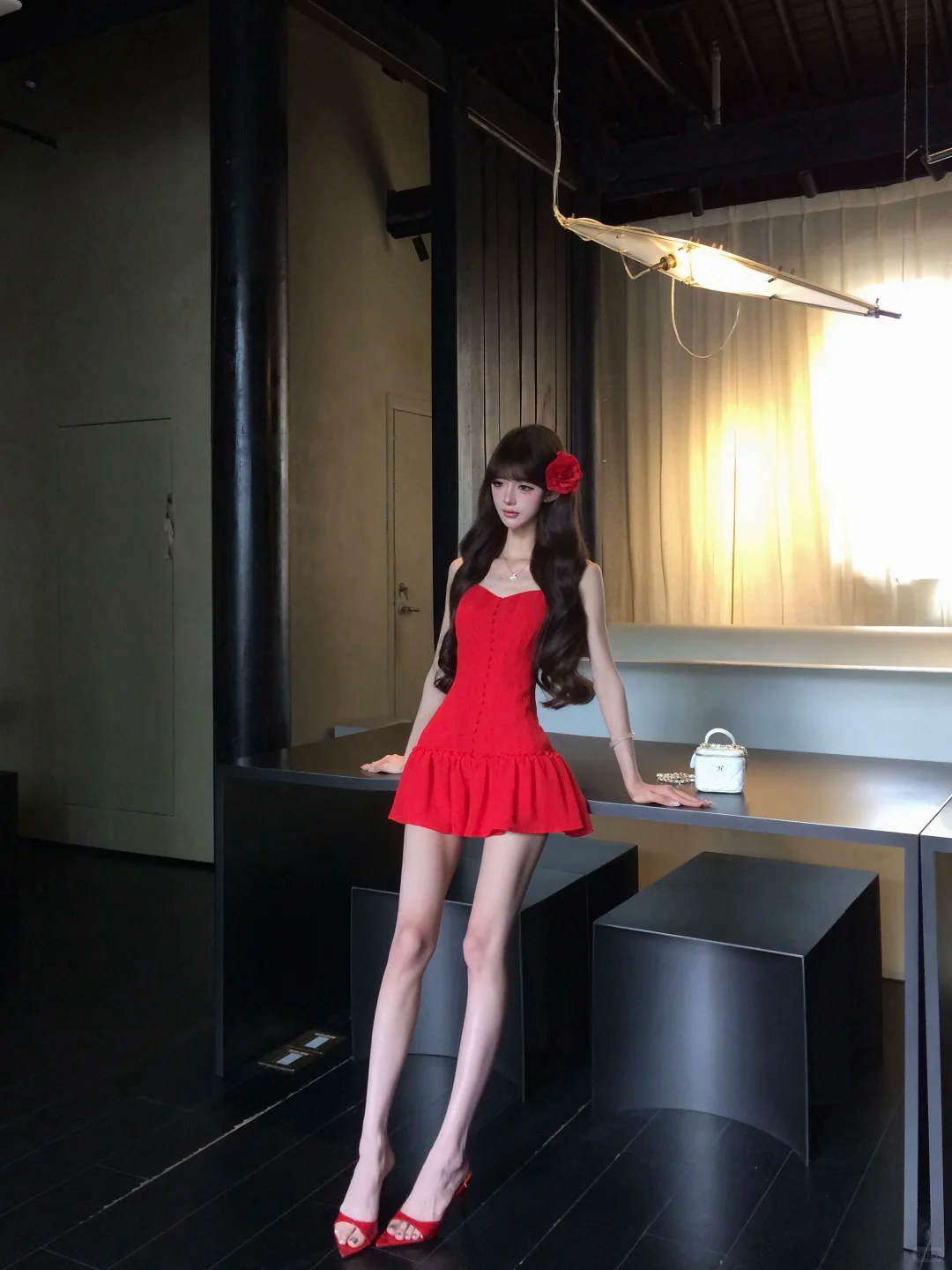 Women Vintage Red Strapless Homecoming Dress Front Button Fitted Ruffle Hem Short Party Dress gh9418