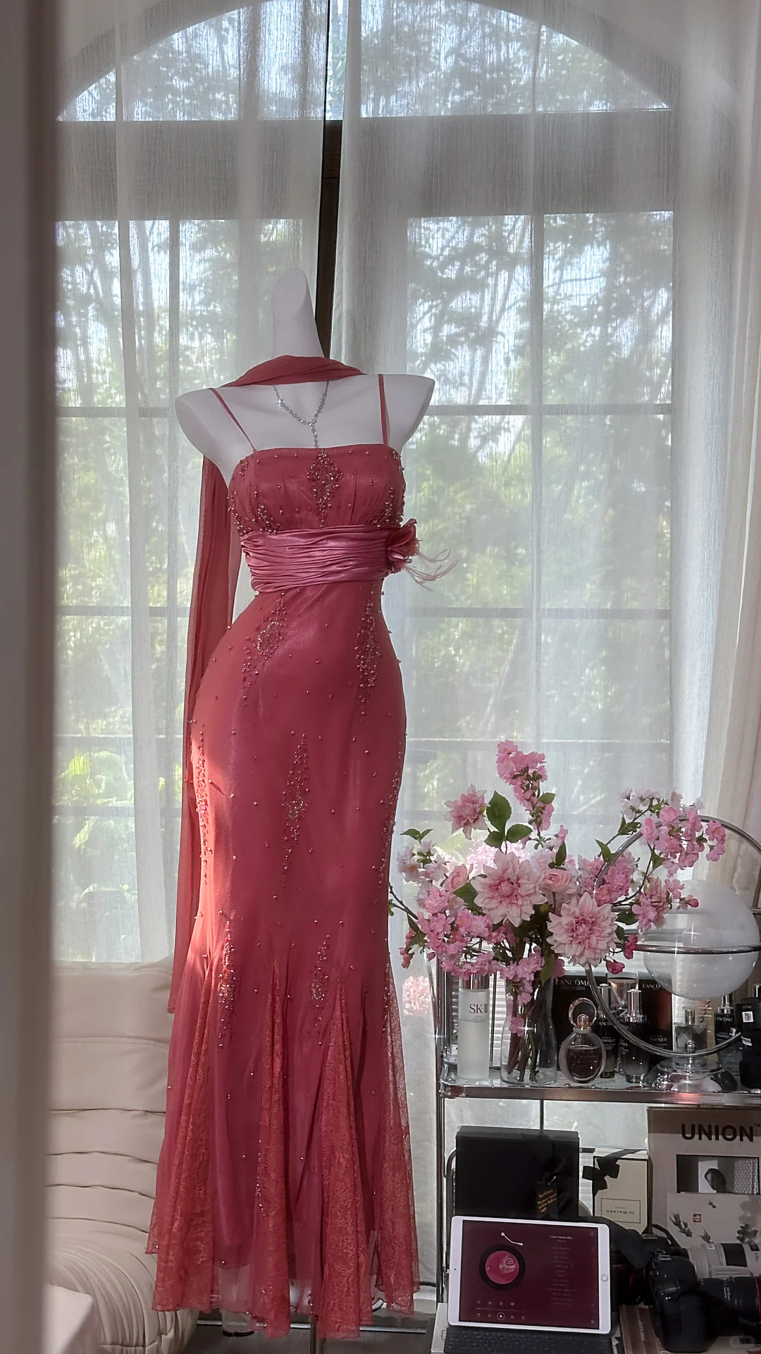 Dusty Pink Square Neck Spaghetti Strap Beaded 3D Floral Waist Lace Mermaid Long Evening Dress with Chiffon Sash, Prom Gown gh9530
