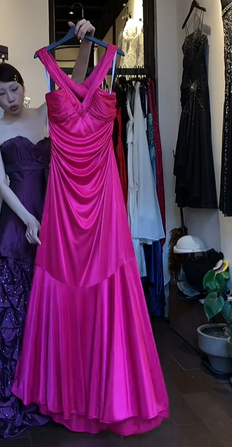 Fuchsia Halter V Neck Draped Ruched Satin A Line Long Evening Prom Dress gh9760