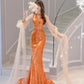 Orange Gorgeous Shiny Elegant Long Sleeve Tulle Long Sequin Mermaid Slim Ball Gown Evening Dress Party Dress gh3386