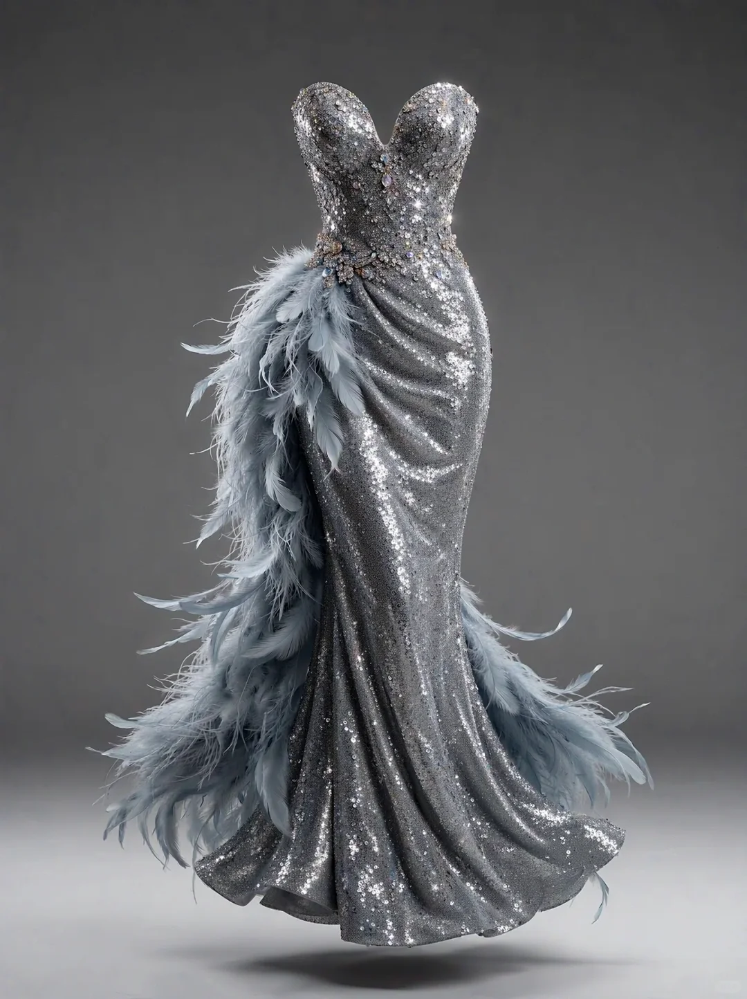 ✨Girlhomeshops-Sweetheart Strapless Silver Sequin Mermaid Gown with Feather Accents gh10509