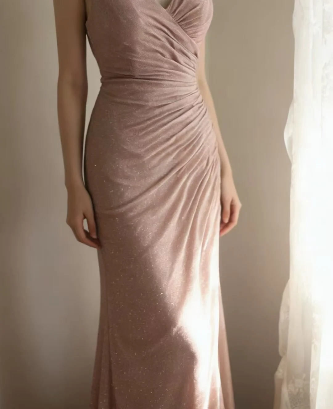 Dusty Rose Glitter Spaghetti Strap Mermaid Evening Gown, V‑Neck Cross Twist Bodice Side Ruched Fitted Long Formal Party Dress gh9111