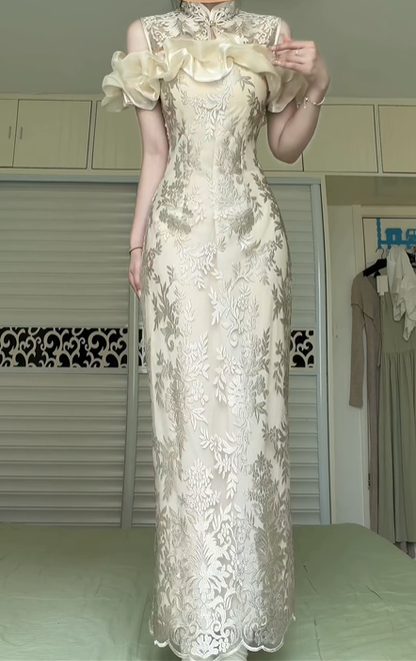 New Chinese Style Cheongsam Long Evening Gown, Stand Collar Off‑Shoulder Ruffle Floral Lace Mermaid Formal Dress for Banquet Party gh8959