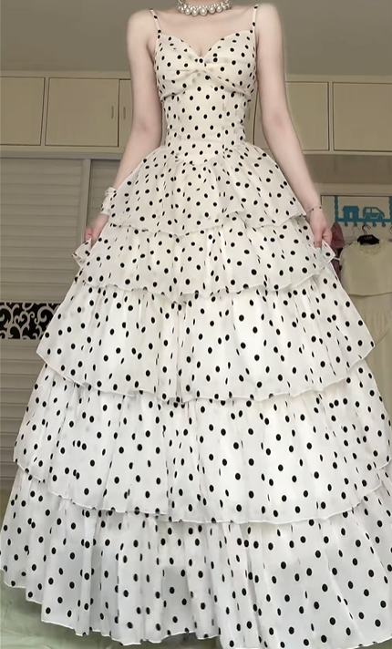 White‑Base Black Polka‑Dot Spaghetti Strap Long Evening Gown, Bow V‑Neck Tiered Cake Skirt Formal Prom Dress gh9026