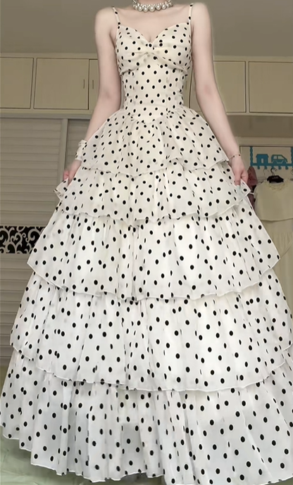 White‑Base Black Polka‑Dot Spaghetti Strap Long Evening Gown, Bow V‑Neck Tiered Cake Skirt Formal Prom Dress gh9026