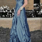 Dusty Blue Satin Beaded Bandeau Gown: Heavy Sparkle Stone, Ruched Mermaid, High-end Evening Maxi Dress gh6602