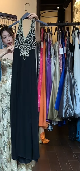 Black Halter Deep V Hand Beaded Rhinestone Chiffon Long Straight Evening Prom Dress gh9754