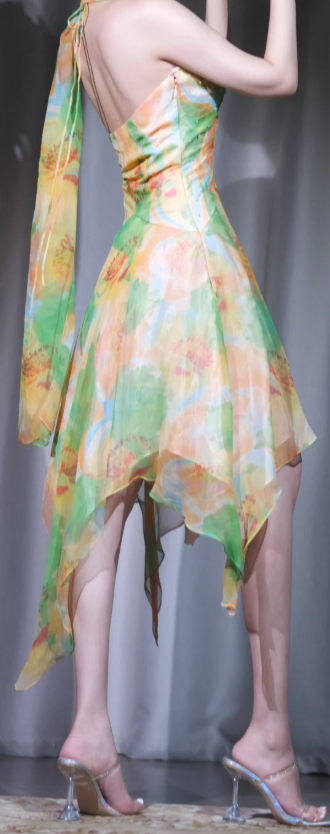 ✨Girlhomeshops-Watercolor Print Halter Chiffon Cocktail Dress Irregular Ruffle Hem Party Gown with Matching Shawl gh10053