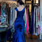 One Shoulder Royal Blue Satin Evening Gown Ruched Rhinestone Detail Mermaid Long Prom Dress gh9685