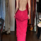 Crisscross Halter Fuchsia Prom Dress Keyhole Cutout Allover Beaded Sequin Side Ruffle Formal Evening Gown gh9808
