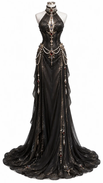 ✨Girlhomeshops-Gothic Black Halter Mermaid Prom Dress with Ruby Gem & Pearl Chain Embellishment gh10309