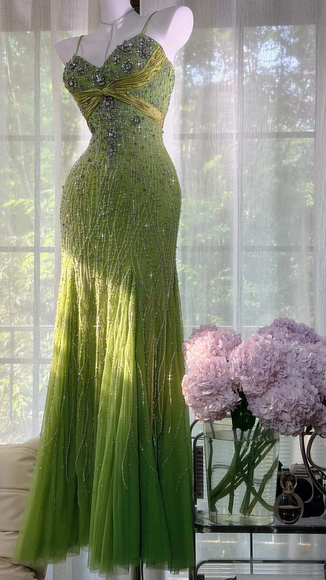 Avocado Green Heavy Beaded Rhinestone Mermaid Prom Dress, Sweetheart Spaghetti Strap Tulle Long Evening Gown, Gradient Green Formal Party Dress gh9491