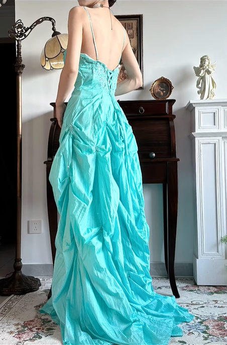 Mint‑Green‑Vintage‑Gown Spaghetti‑Straps Beaded‑Rhinestone‑Bodice Hand‑Gathered‑Voluminous‑Skirt Crinkled‑Shiny‑Taffeta‑Fabric Retro‑Puffy‑Floor‑Length‑Prom‑Evening‑Dress gh8840