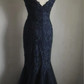 Navy V‑Neck Spaghetti Strap Mermaid Evening Gown, Floral Lace Sequin Applique Tulle Train Formal Prom Dress gh9121