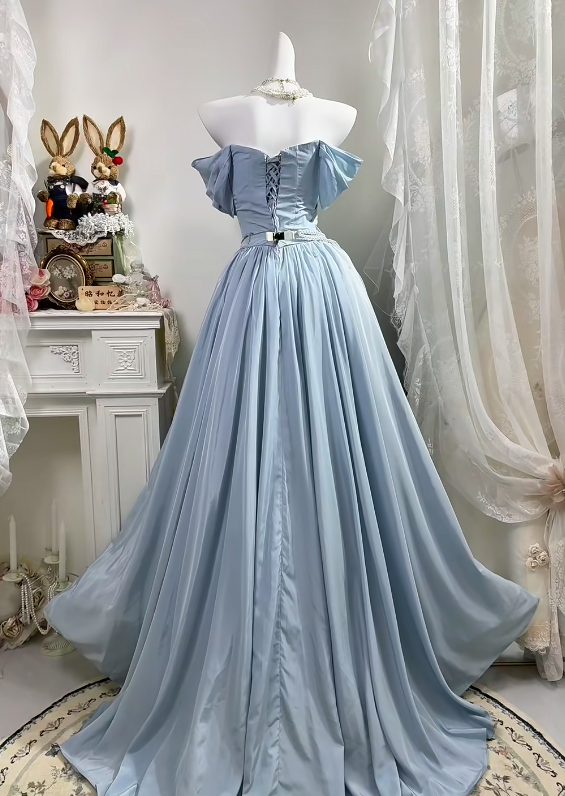 Dusty Blue Satin Off Shoulder Long Evening Gown, Puff Sleeve With Big Bow A-Line Prom Dress gh9282