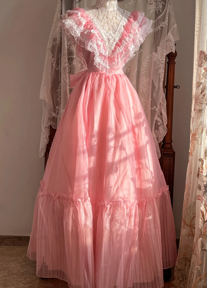 Pink Lace High Neck Double Ruffle Tulle Vintage A-Line Long Prom Dress gh9308